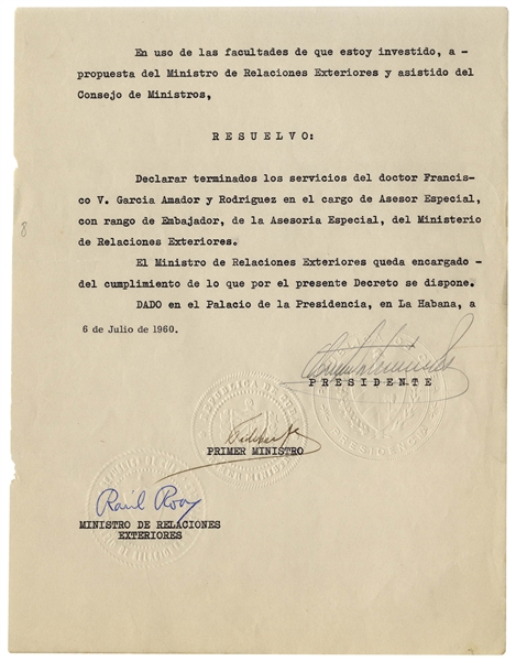 Fidel Castro Decree Signed as Prime Minister From 1960